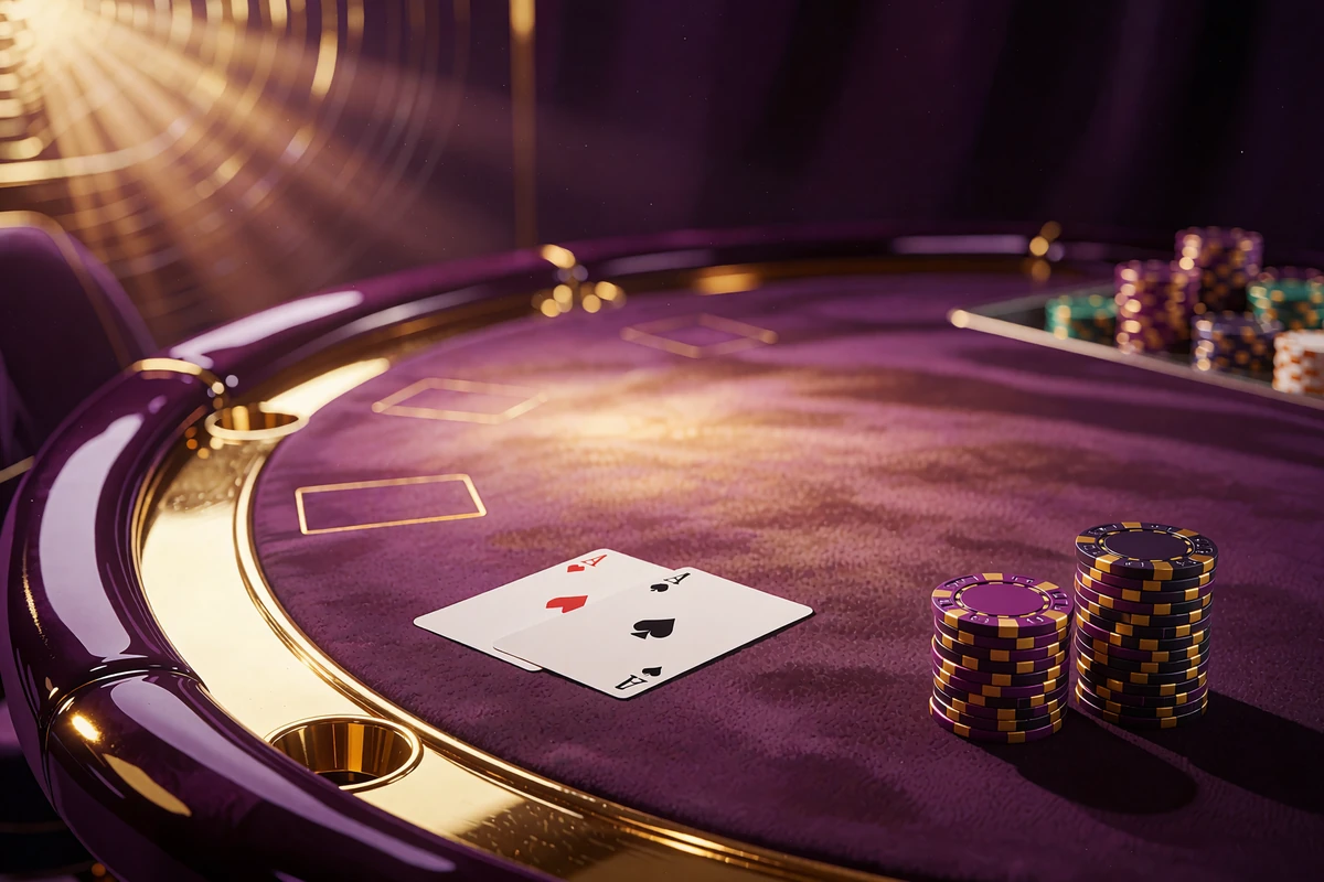 St&oacute;ł do blackjacka RNG z kartami i żetonami w złotym świetle - gry stołowe RNG w OnlySpins