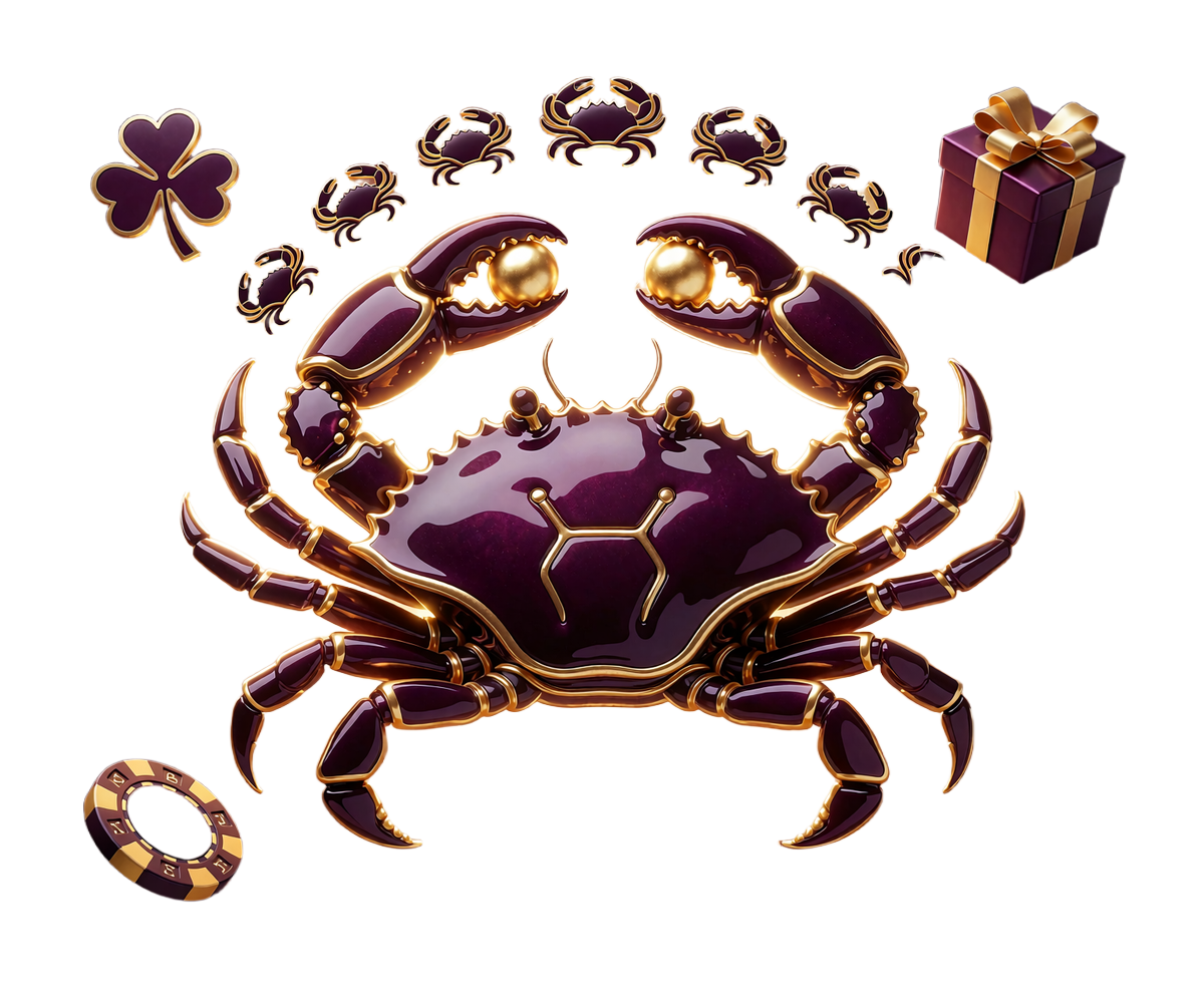 Złoto-śliwkowy emblemat kraba trzymającego świecące kule - unikalna mechanika Bonus Crab w OnlySpins Casino