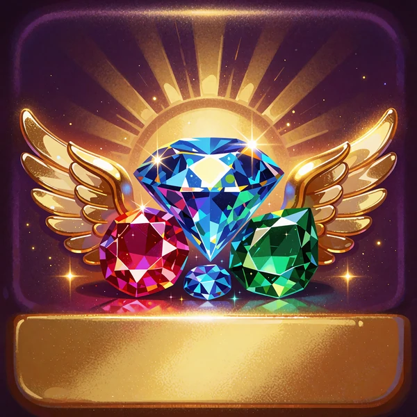Kafelek jackpotowego slotu z diamentem, rubinem i szmaragdem na złotych skrzydłach - gry jackpotowe OnlySpins