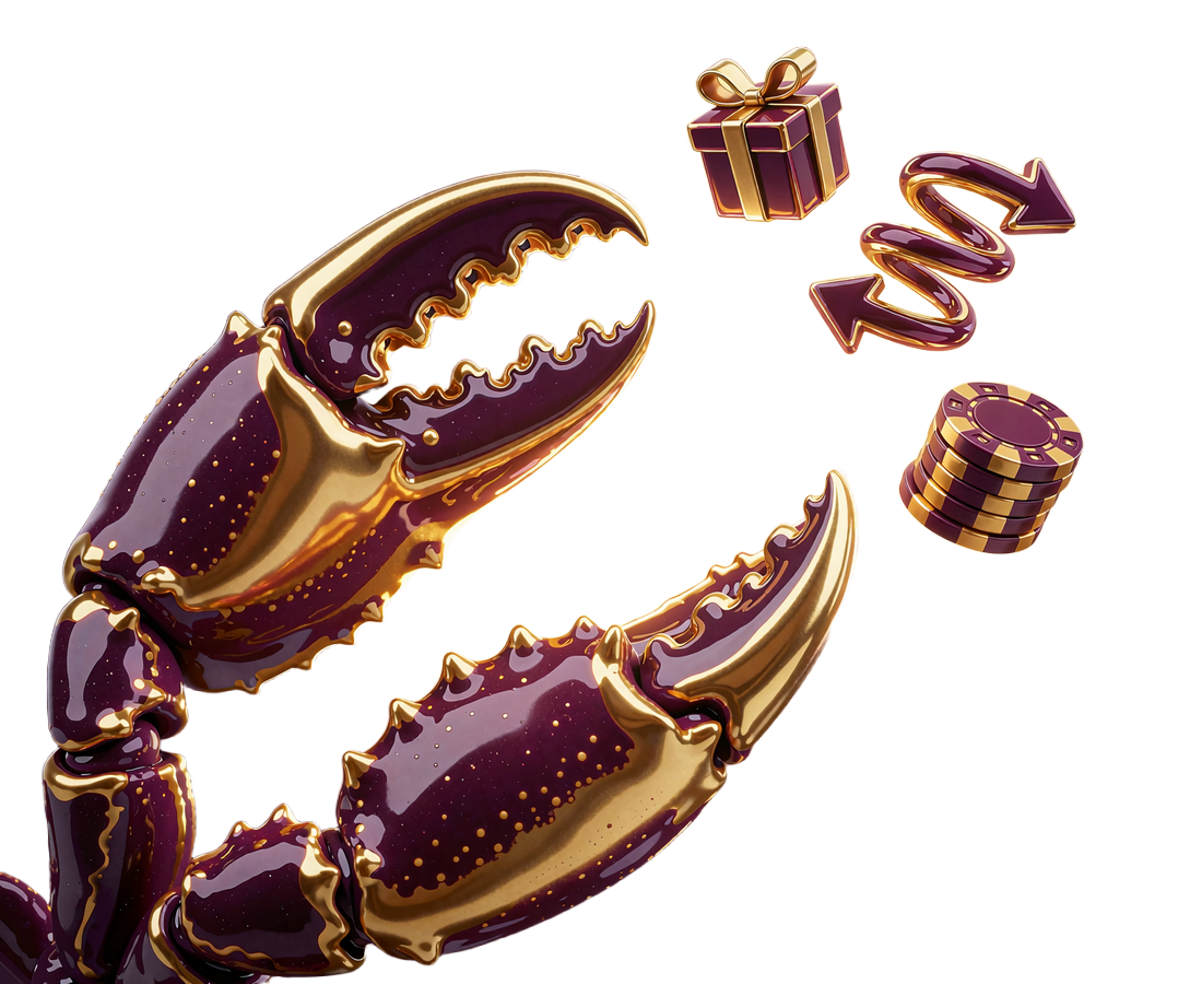 Złoto-śliwkowa oversizowa szczypce kraba otwierająca się i uwalniająca nagrody - mechanika Bonus Crab w OnlySpins